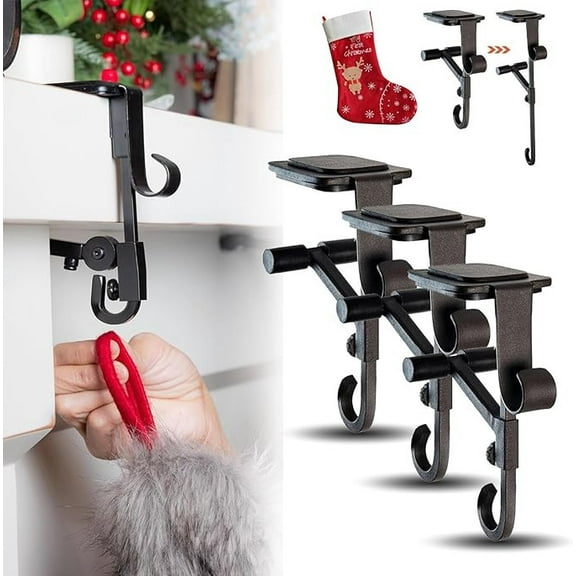 XMMSWDLA 3PC 2025 Heavy Duty 2-in-1 Mantel Hangers - Adjustable No-Drill Christmas Stocking Holders & Garland Hooks for Fireplace (Fits 8.5" Thick Mantles)