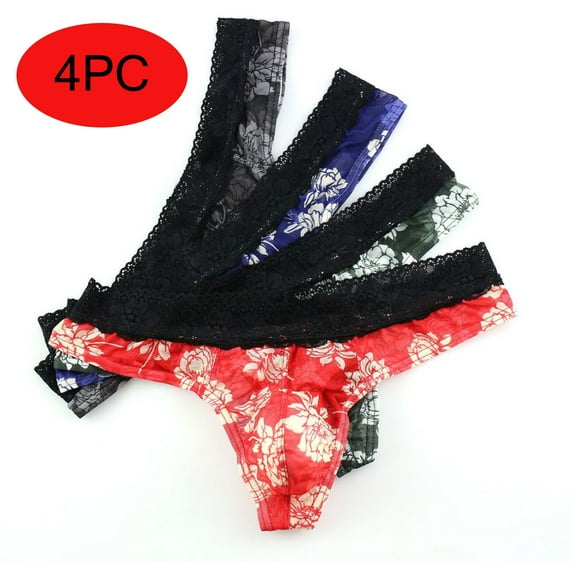 XMMSWDLA 4pc Men's Low Rise Flower Lace Embroidery Mesh Boxer G-string Thong Panties Bikini Briefs Underwear