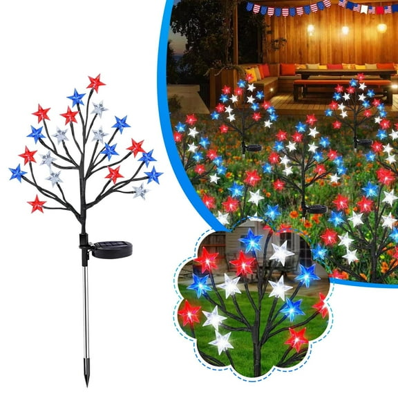 XMMSWDLA 4th of July Solar Star Tree Lights Decorations Outdoor, Waterproof Red White and Blue Lights for Fourth of July Decor, Patriotic Decorations for Garden Yard Pathway Patio