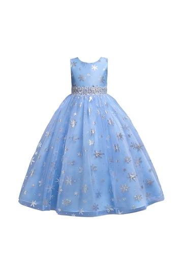 women's light blue winter princess dress with snowflakes Elsa Costume Girls Up Dress Snowflake Trailing Pa Sun Baby Princess dress with silver snowflake overlay and three Snowflake Princess Girls Halloween Costume