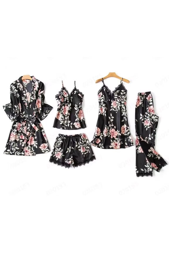 5 Piece Pajamas for Women Set V Neck Spaghetti Strap Top Nightgown and Shorts Set Silk Satin Sleepwear Outfits Nightwear Maternity Sleepwear