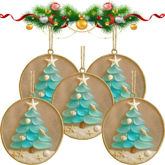 XMMSWDLA 5PC Handmade Coastal Christmas Tree Ornament - Sea Glass Hanging Pendants with Rope, Beach-Themed Xmas Decor for Holiday Tree & Mirror Display (Resin Craft, DIY Gift for Sea Lovers)