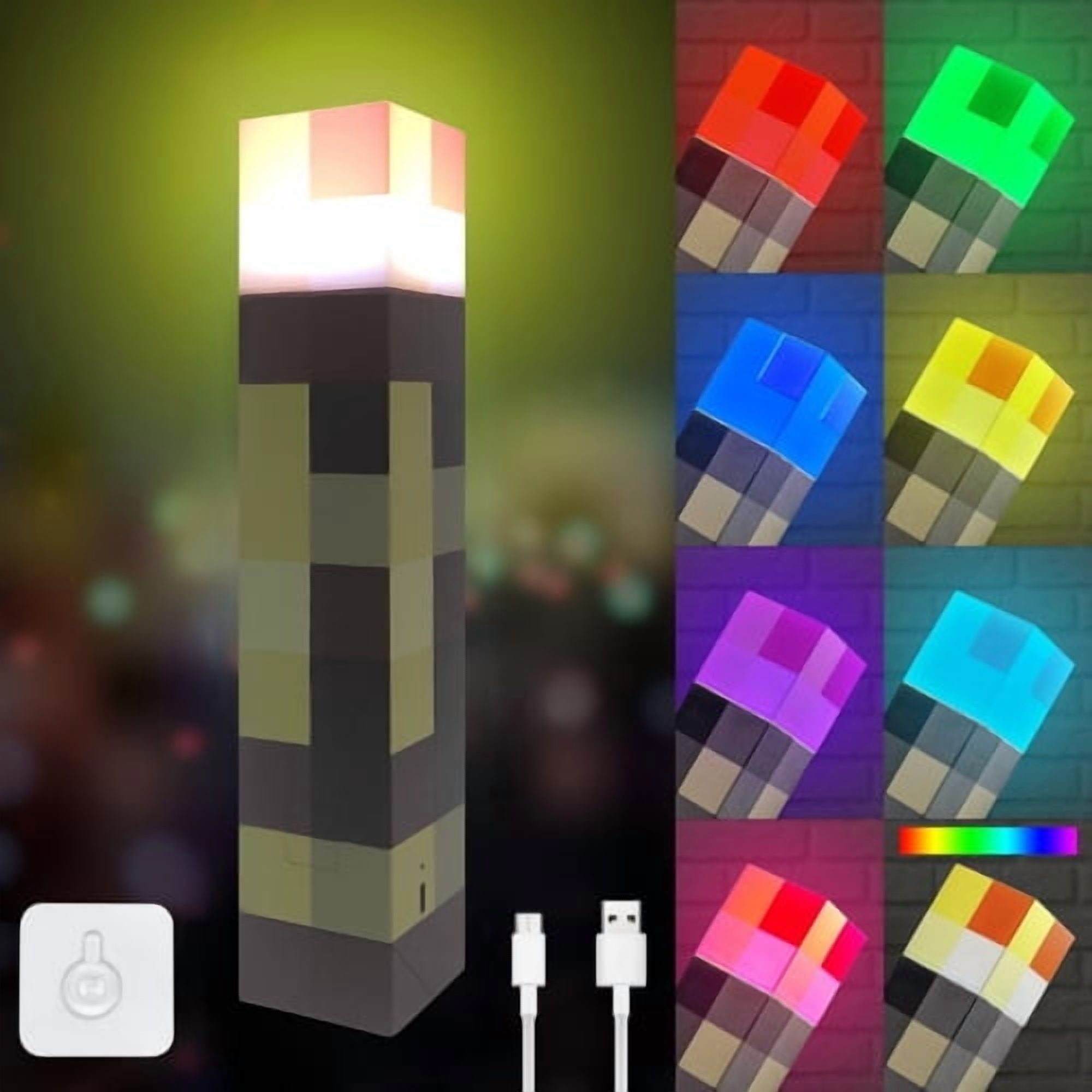 XMMSWDLA 7-Color Pixelated Light-up Wall Torch Lamp-Rechargeable Night Light Lamp,Pixelated-Mountable Table Light,Nightstand,Pixelated Themed Room Decor for Boys' Girl Bedroom Decor (11-Inch, USB )