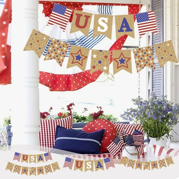 XMMSWDLA 8.2Ft 4th of July Burlap Banner Patriotic Star Hanging Banner Red Blue White Pre-Assembled Independence Day Bunting Garland for Memorial Day Home Party Decor Supplies