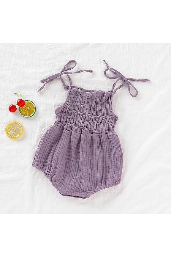 Animal-Themed Kids Sets Baby Girl Romper Summer Toddler Baby Girl Clothes Sleeveless Smocked Bodysuit Infant Bow Shoulder One-Piece Jumpsuit Purple Trendy Kids Fashion Sets