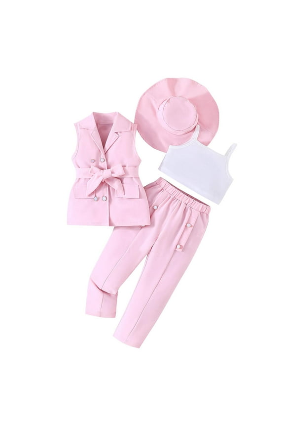 Animal-Themed Kids Sets Prowow 4pcs Kids Clothes 2025 Summer Suit for Girls Belted Coat+Vest+Trousers+Hat Children's Elegant Girl Blazer Outfit Set Pink Trendy Kids Fashion Sets