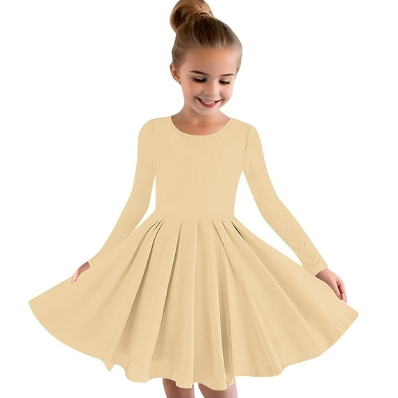 XMMSWDLA Baby Clothes Girls Dress Clothes Kids Cotton Long Sleeve School Twirly Skater Dress Size 4-13 Years Beige Flower Girl Dress