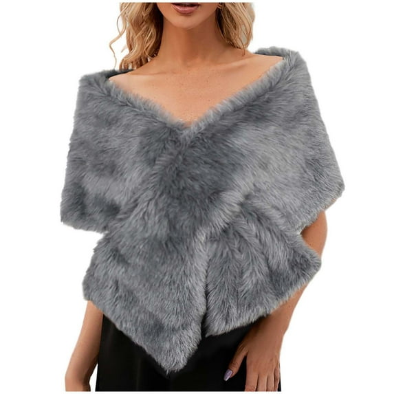 XMMSWDLA Bridal Faux Fur Shawl White Fur Coat Women Faux Fur Wrap for Evening Dresses Luxury Fur Cape for Wedding Evening Party Dark Gray Scarves for Women Winter Warm