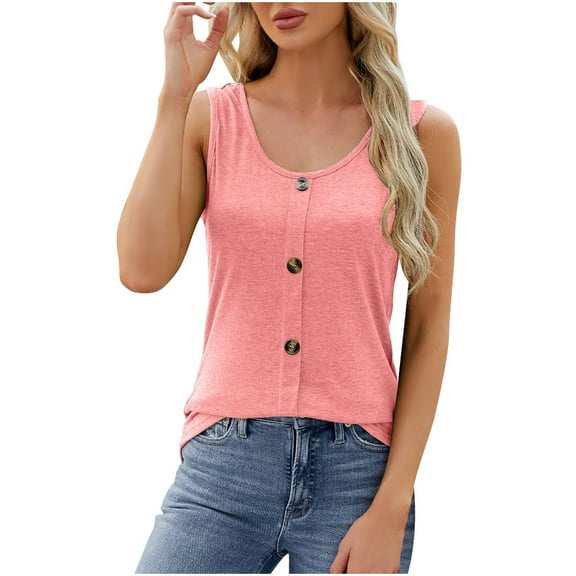XMMSWDLA Button Front Scoop Neck Womens Tank Tops, Casual Sleeveless Shirts Summer Pink Womens Tank Tops Dressy Casual