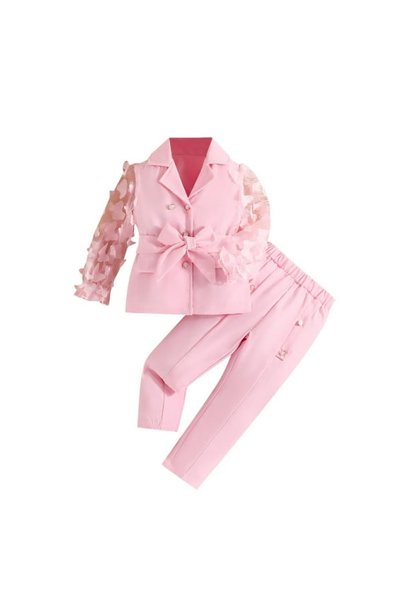 Children’s Casual Wear Set Children's Clothing Sets Butterfly Mesh Sleeves Suit Jacket + Pants 2pcs Sets Kids Boutique Clothes Girls Outfit Sets Clothes Pink Kids Sportswear Sets