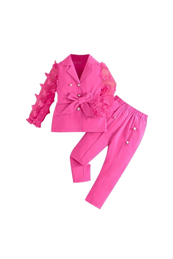Children’s Matching Sets Children's Clothing Sets Butterfly Mesh Sleeves Suit Jacket + Pants 2pcs Sets Kids Boutique Clothes Girls Outfit Sets Clothes Hot Pink Kids Outfits Size 4-12
