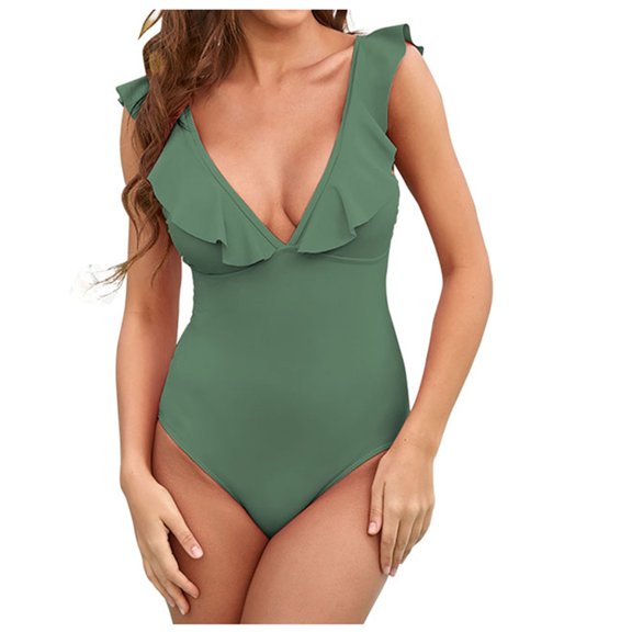 Women Ruffles Bathing Suit Casual Swiss Dot Swimsuit V Neck One Piece Tummy Control Bikini Sets