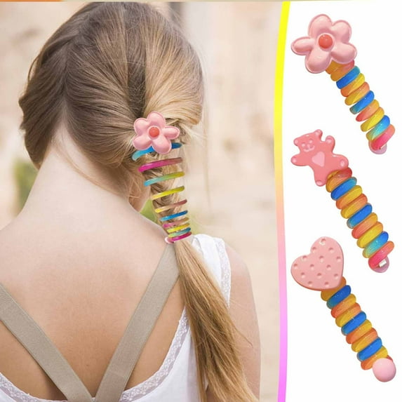 Colorful Telephone Wire Hair Bands for Kids, Spiral Hair Ties Phone Cord Ponytail Holders,Bowknot Braided Telephone Wire Hair Bands, Waterproof and No Crease Stylish Hair Coils