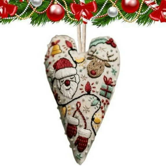 XMMSWDLA DIY Heart Embroidery Christmas Ornament Kit - Handmade Cross Stitch Hanging Decor with Needles & Thread, Festive Xmas Tree Decoration for Beginners