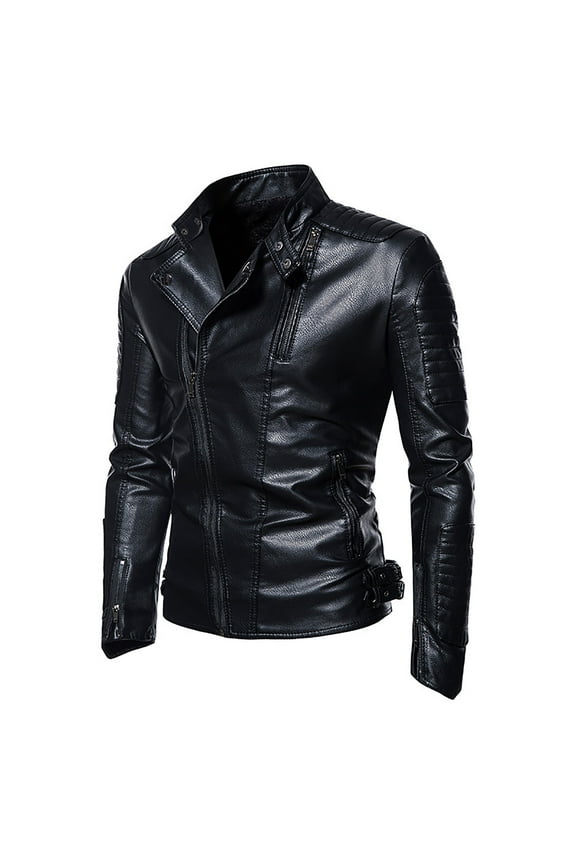 Mens Plus Top Autumn Spring And Autumn Solid Color Zipper Faux Leather Jacket