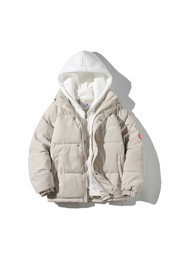 Mens Plus Top Fake Two-piece Hooded Cotton-padded Jacket, Thick Warmth, Personalized Cotton-padded Jacket, Neutral Style