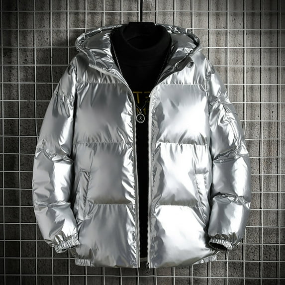 XMMSWDLA Mens Plus Top Shiny Hooded Reflective Down Jacket Cotton Jacket