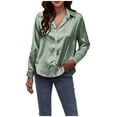 thumbnail image 1 of XMMSWDLA Deals Clearance Satin Blouses for Women Button Down Silk Shirts V Neck Roll Up Long Sleeve Casual Loose Office Work Tops, 1 of 1