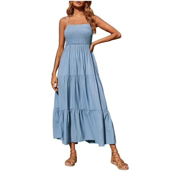 XMMSWDLA Summer Dresses for Women Bohemian Strap Smocked Tiered Long Beach Sun Dresses Sleeveless Solid Maxi Dress Ladies Maxi Dresses Plus Size Petite Dress