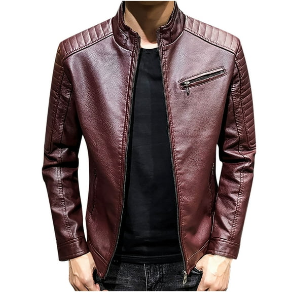 XMMSWDLA Tops for Men Autumn Pure Color Stand Collar Imitation Leather Jacket Coat