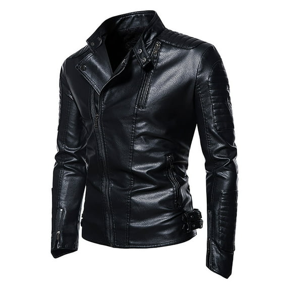 XMMSWDLA Tops for Men Autumn Spring And Autumn Solid Color Zipper Faux Leather Jacket