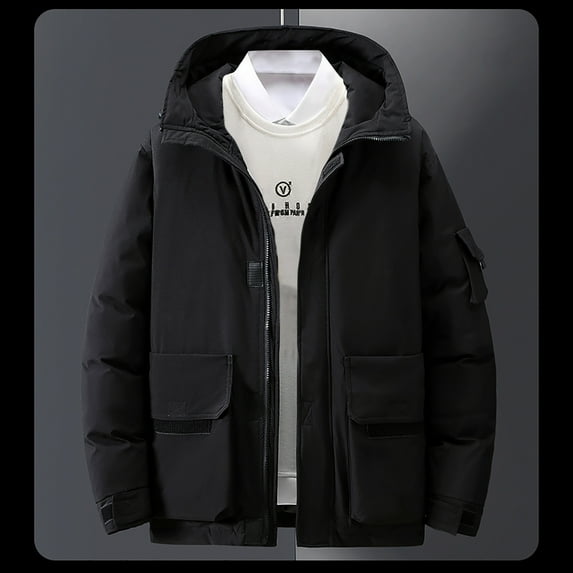 XMMSWDLA Deals Clearance Tops for Men Solid Casual Thicken Hooded Zipper Multi Pocket Keep Warm Jacket Coats