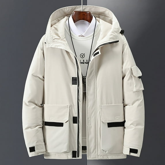 XMMSWDLA Deals Clearance Tops for Men Solid Casual Thicken Hooded Zipper Multi Pocket Keep Warm Jacket Coats