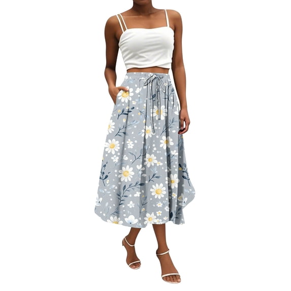 Yucgh Women's Bohemian Flower Print Midi Skirt with Pockets, Solid Color Casual Skirt, High Waisted Elastic Waist Skirt for Summer,Gray,S