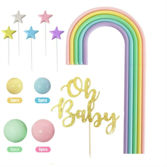 Rainbow Cake Topper Set with Stars, Balls, Oh Baby Decoration for Baby Shower, Birthday Party, Pastel Colors