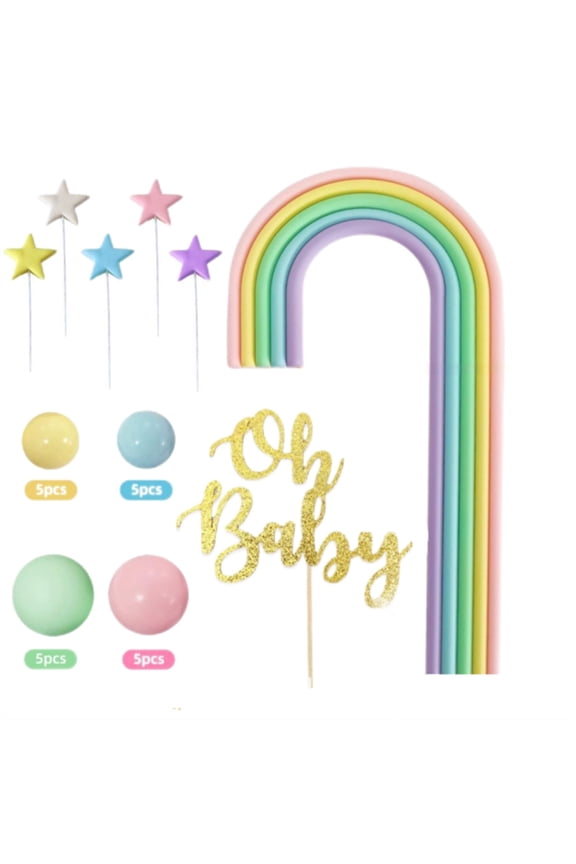 Rainbow Cake Topper Set with Stars, Balls, Oh Baby Decoration for Baby Shower, Birthday Party, Pastel Colors