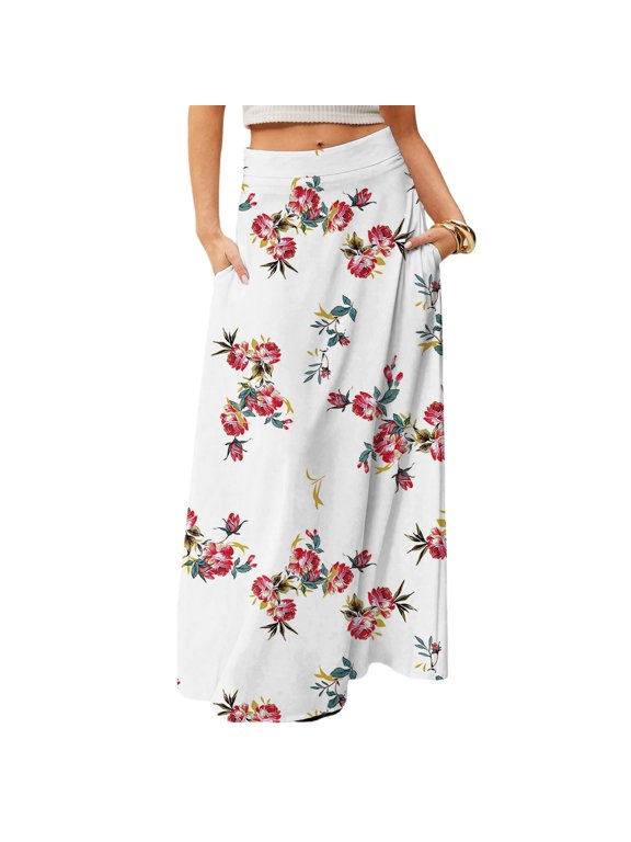 Women's Floral Print Flowing Maxi Skirt, Bohemian Casual Summer Dress, Beach Vacation Skirt with Elastic Waist,White,S