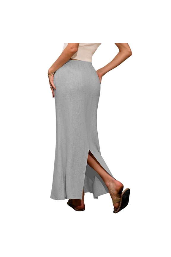 Women's Solid Color Fishtail Split Skirt with Elastic Waist & Side Pockets, Swing Maxi Skirt, Casual Linen Blend Beach Skirt for Summer,Light Gray,S
