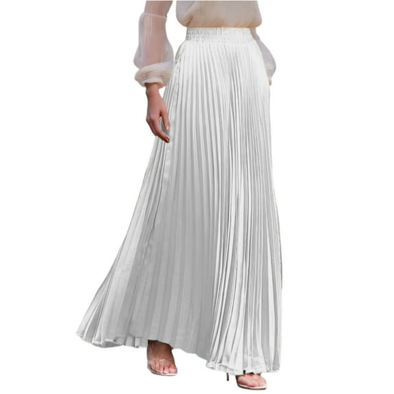 Yucgh Women's Pleated Solid Color Maxi Skirt with Large Swing, A-line Floor Length Skirt, Casual Flowy Skirt with Elastic Waist,White,S
