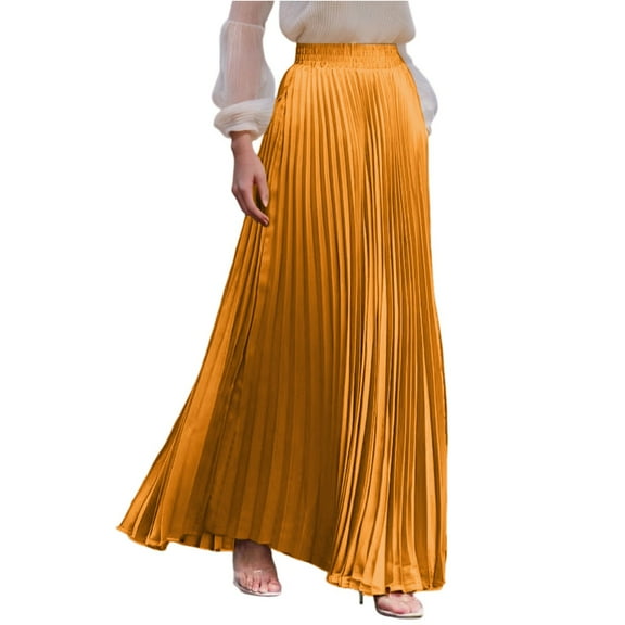 Yucgh Women's Pleated Solid Color Maxi Skirt with Large Swing, A-line Floor Length Skirt, Casual Flowy Skirt with Elastic Waist,Gold,S