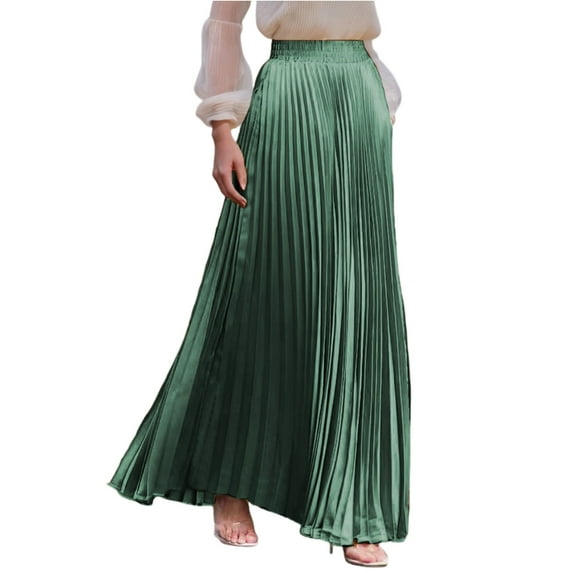 Yucgh Women's Pleated Solid Color Maxi Skirt with Large Swing, A-line Floor Length Skirt, Casual Flowy Skirt with Elastic Waist,Dark Green,S