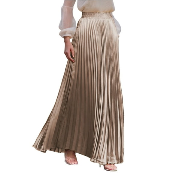 Yucgh Women's Pleated Solid Color Maxi Skirt with Large Swing, A-line Floor Length Skirt, Casual Flowy Skirt with Elastic Waist,Khaki,S