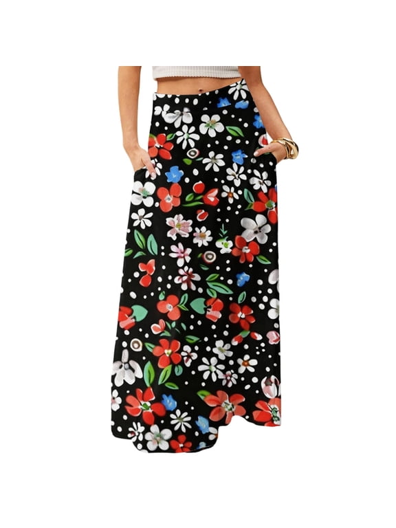 Women's Floral Print Flowing Maxi Skirt, Bohemian Casual Summer Dress, Beach Vacation Skirt with Elastic Waist & Side Slits,Navy,S