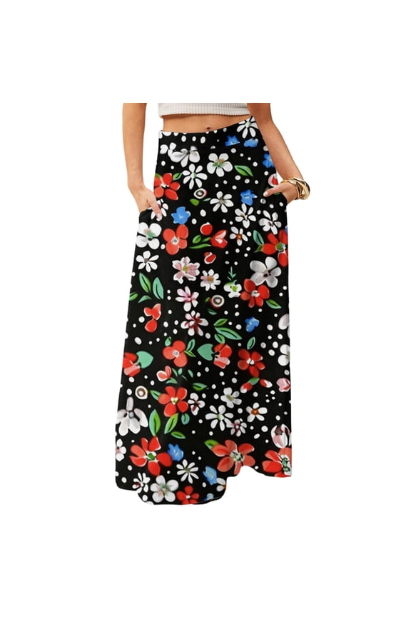 Women's Floral Print Flowing Maxi Skirt, Bohemian Casual Summer Dress, Beach Vacation Skirt with Elastic Waist & Side Slits,Navy,S