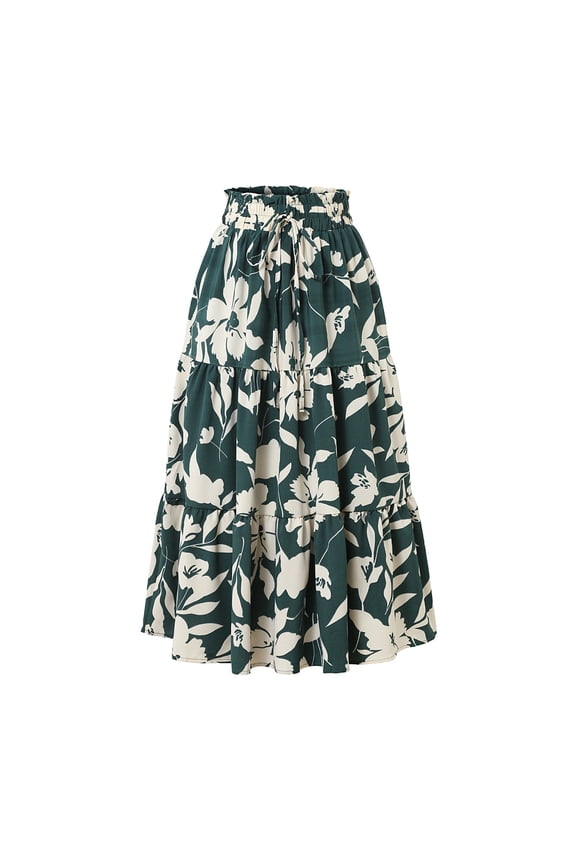 Women's Pleated Floral Midi Skirt with Drawstring Elastic Waist, Lightweight Casual Summer Skirt, Boho Printed A-line Skirt ,Green,S