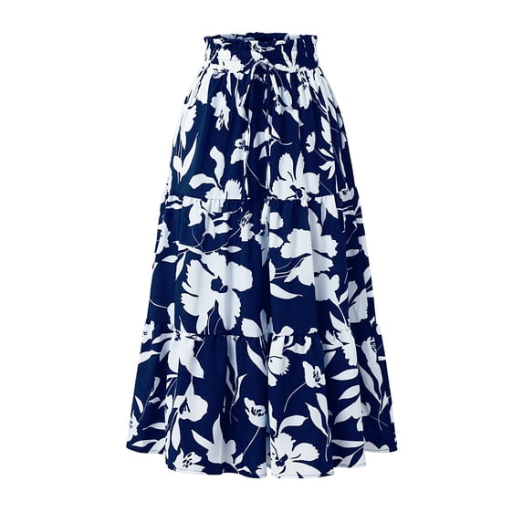 Yucgh Women's Pleated Floral Midi Skirt with Drawstring Elastic Waist, Lightweight Casual Summer Skirt, Boho Printed A-line Skirt ,Blue,S
