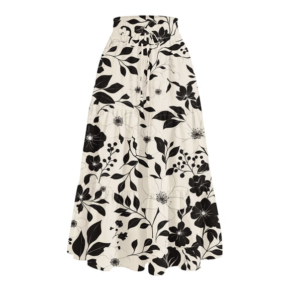 Yucgh Women's Floral Print Midi Skirt with Drawstring Elastic Waist, Casual Bohemian Skirt, A-line Summer Skirt with Pockets,Beige,M