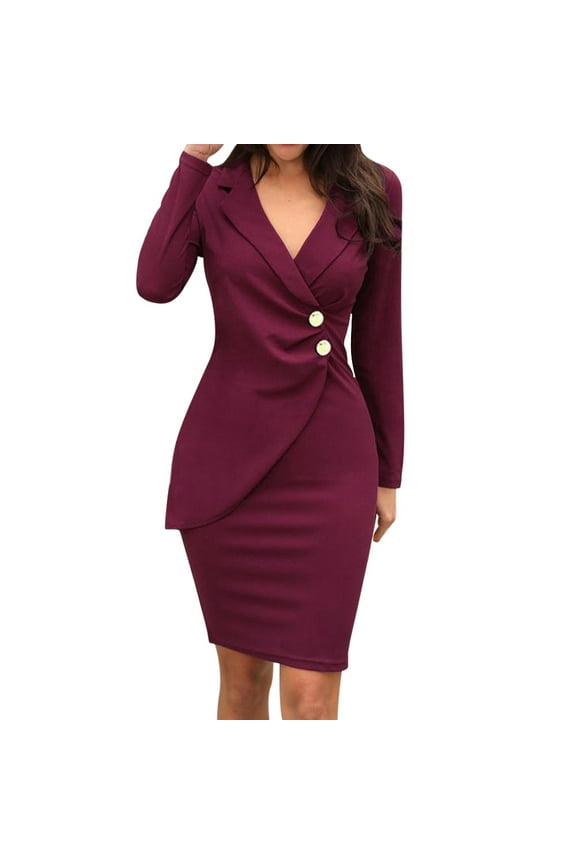 Women Dresses Promotion Sale ,Women Solid Turn Down Neck Long Sleeve Buttons Bodycon Casaul Work formal Dress Plus Size Dresses