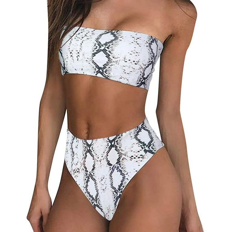XMMSWDLA Deals Womens Bikini Set Snake Print Strapless Swimsuit High Waisted Swimwear High Cut Two Piece Swimming Costumes Set Two Piece Floral Print