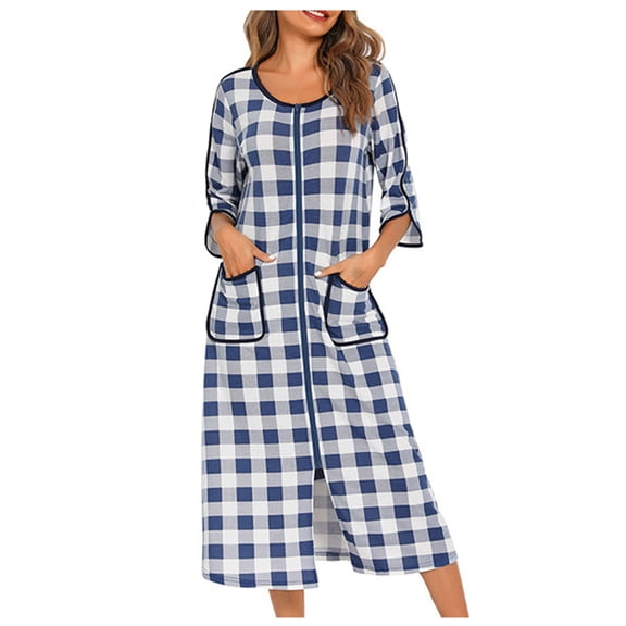 XMMSWDLA Dresses for Womens Robe Long Zip Up House Coat Half Sleeve Night Gowns Comfy Sleepwear Print Loungewear His and Hers Robes
