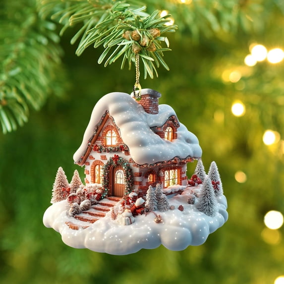 XMMSWDLA Exquisite Acrylic Christmas Tree Ornaments - Christmas Tree Hanging Decor with Rustic Snow Village Scene, Mini Funny Landscape Pendants for Xmas Holiday