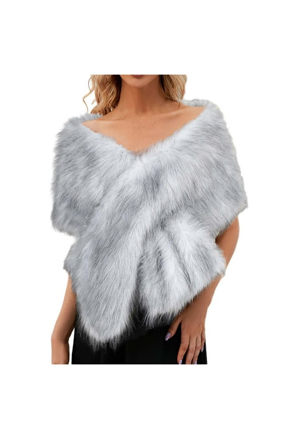Faux Fur Shawl Wrap Shrug Winter Bridal Wedding Cover Up Gray Pashmina Shawl