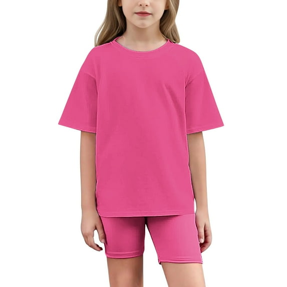 XMMSWDLA Girl Clothes Girl's Graphic Short Sleeve Tee Shirts Clothing Sets Biker Shorts 2 Piece Hot Pink Vintage-Style Children’s Outfits