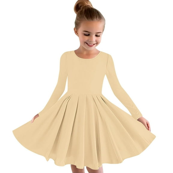XMMSWDLA Girls Clothes Girls Long Sleeve Skater Dress Kids Casual Crewneck A-Line Flowy Fall Dresses 4-13 Years Beige Girls Spring Dress