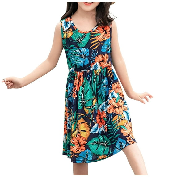 XMMSWDLA Girls Dresses Summer Sleeveless Casual Printed Sundress Party Swing Dresses for Kids Girls Clothing