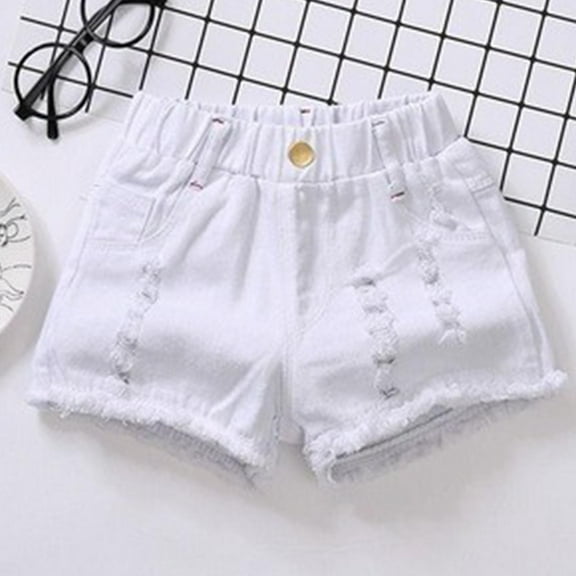 XMMSWDLA Girls Shorts Girl's High Elastic Waist Jeans Ripped Hem Casual Denim Shorts White Casual Shorts